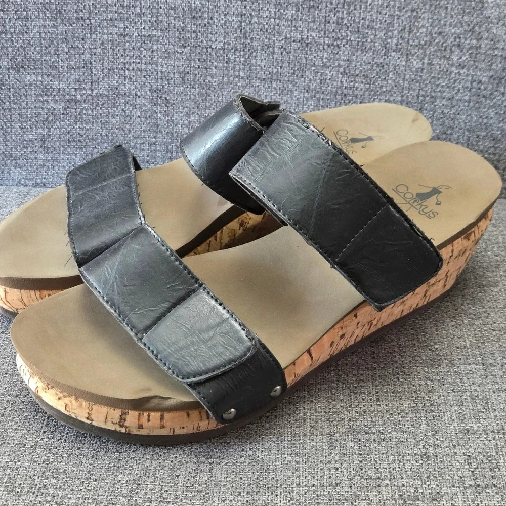 Corkys Black Cork Wedge Slide Sandals Women's Size 10 Double Strap Comfort